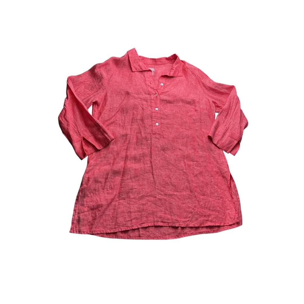 Chicos 100% Linen Tunic Top Red Orange Button Front Long Sleeve Size 2 L NEW - Picture 10 of 13